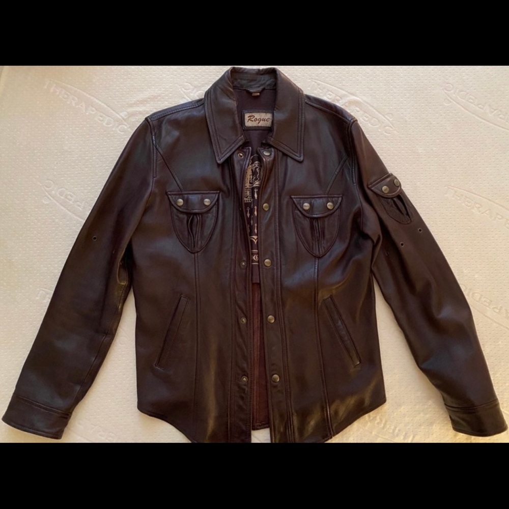 Rouge brown leather lightweight snap jacket mens small